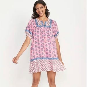 Pink Puff Sleeve Printed Mini Swing Dress Old Navy Size Medium